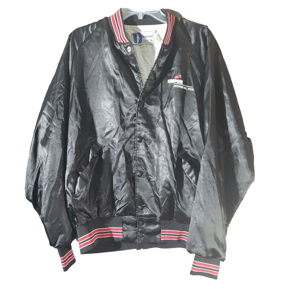 Dunbrook Vintage Coach's Jacket Windbreaker Adult Size XL Black Satin Red Stripe